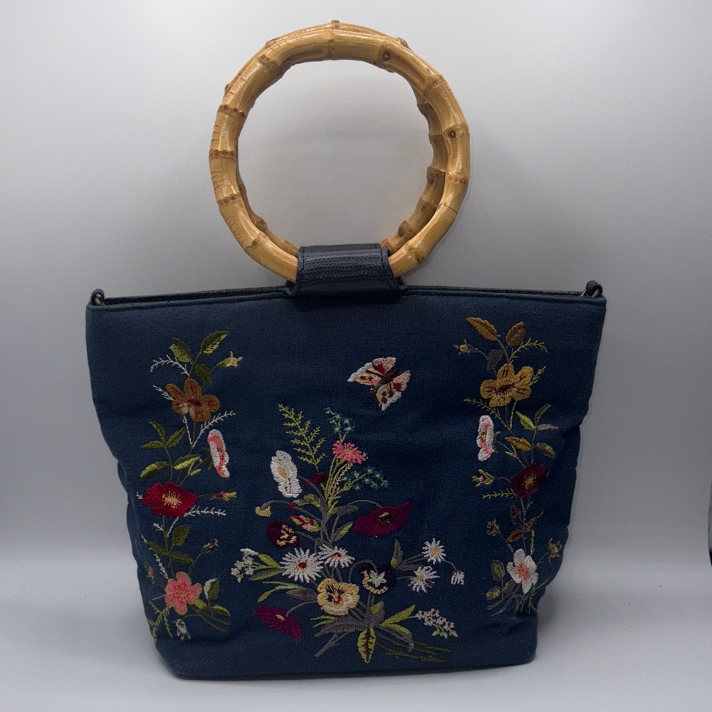 Vintage Embroidered Blue Tote Bag with Bamboo Handle
